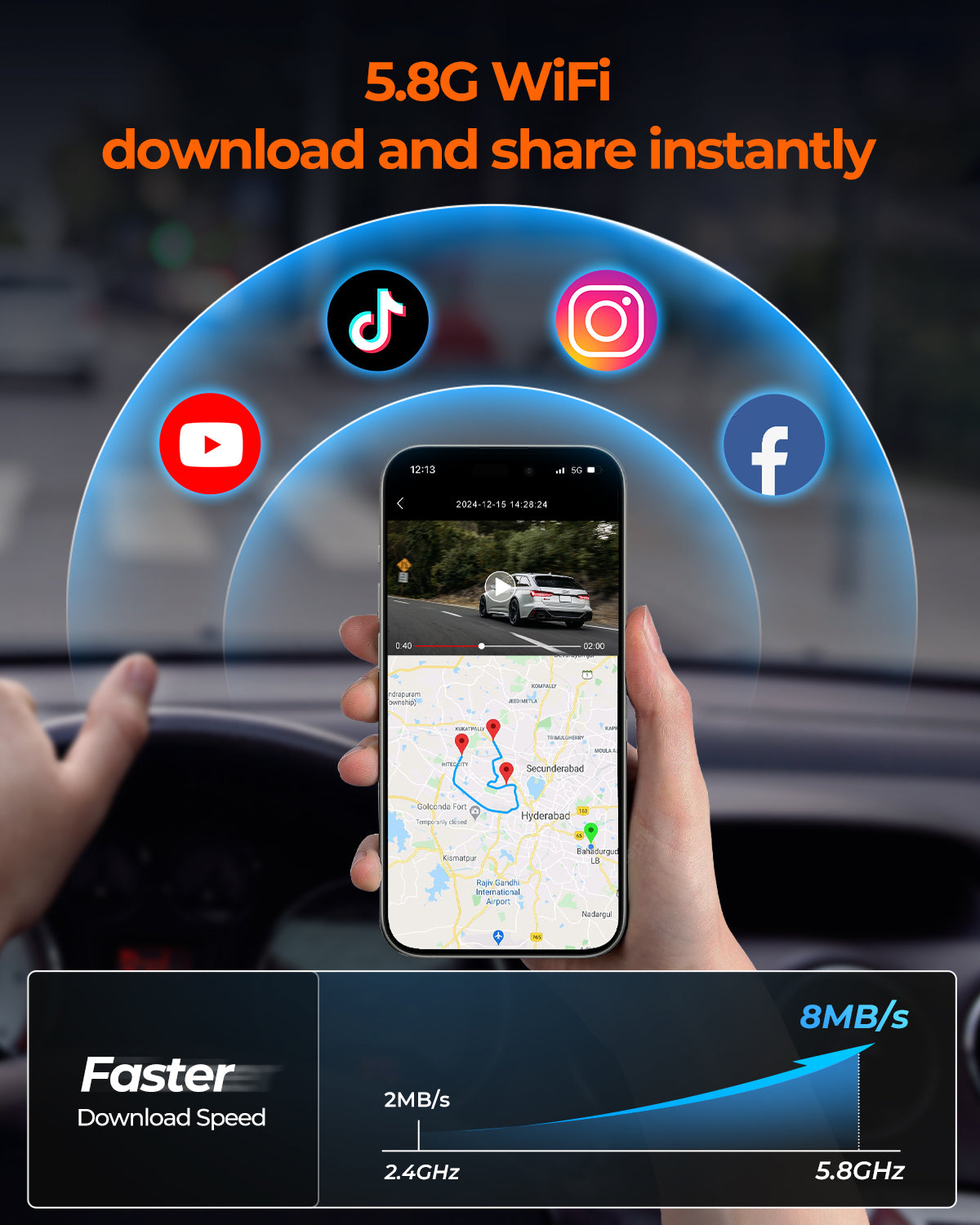 M4 2CH Mirror Dash Cam, 4K+2.5K, 12" IPS Touchscreen