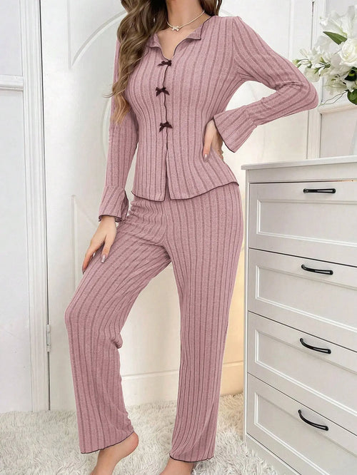 2-Piece Women's Autumn and Winter Pure Color Elegant Bow Women's Simple Long-Sleeved Pants Pajama Set Leisure home clothing
